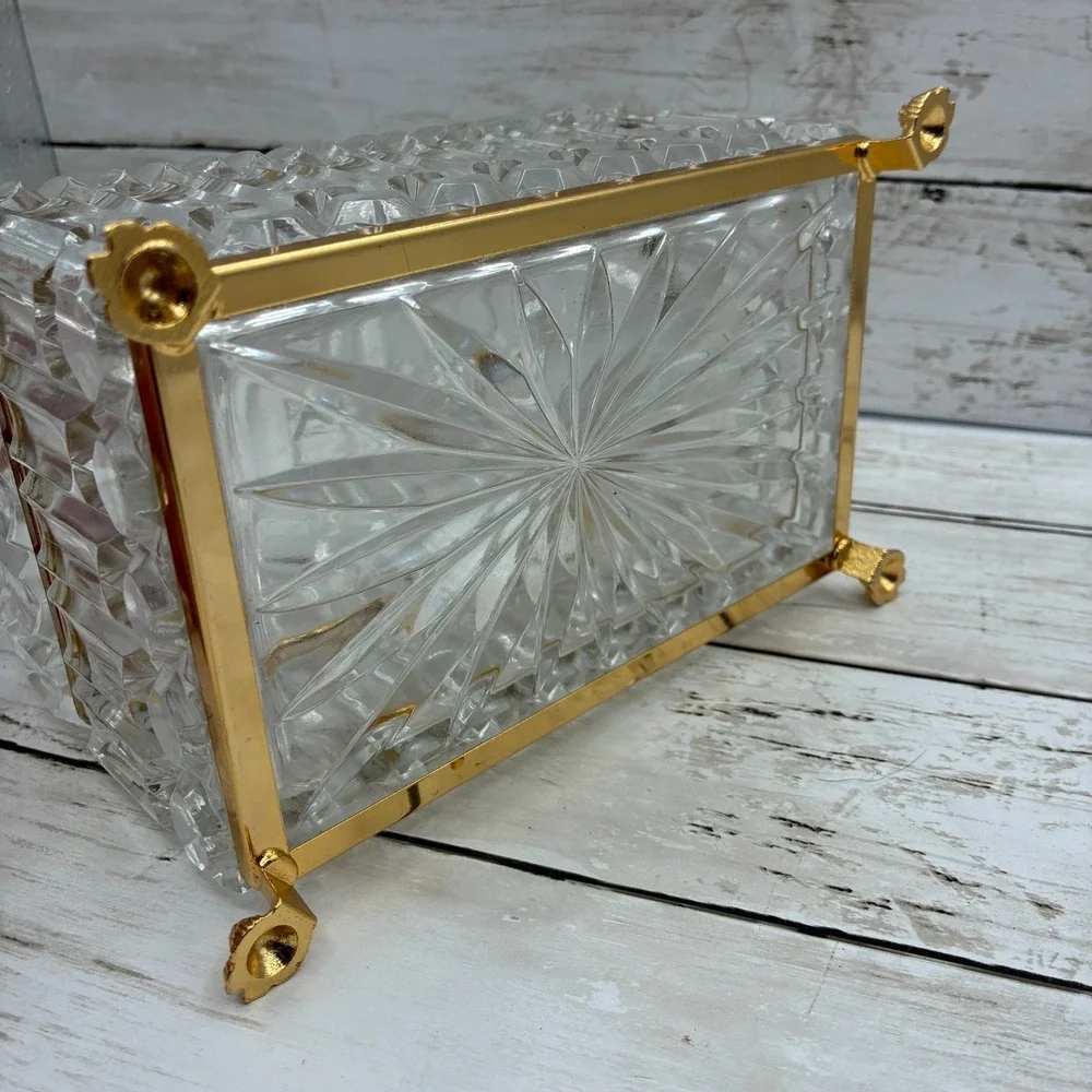 French Baccarat Style Jewelry Casket Footed Box Heavy Crystal Glass Hinged Lid